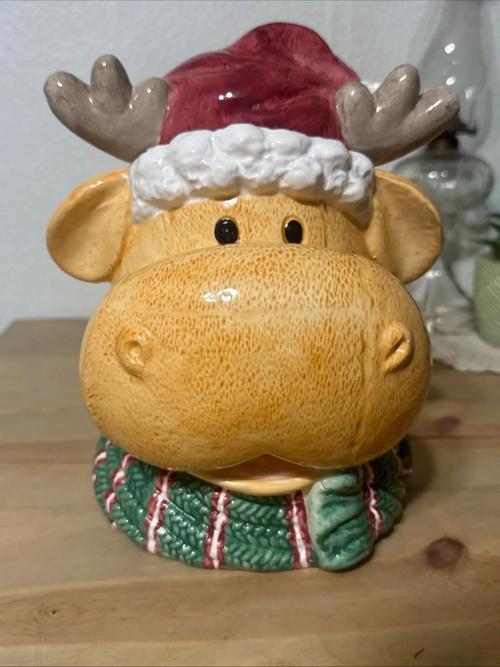 Vintage figural ceramic Christmas moose cookie jar